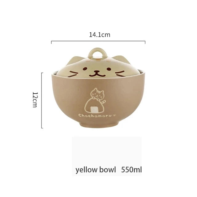 🍜 Tigela de Cerâmica Gato Cartoon 550ml: Com Tampa, Ideal para Noodle e Almoço no Escritório!