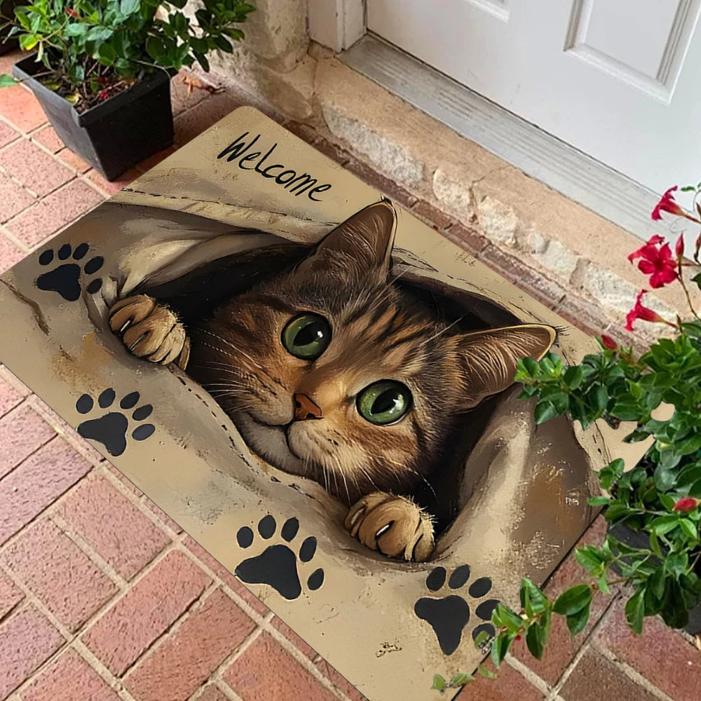 👋 Tapetes "WELCOME" com Tema de Gato: Antiderrapante e Versátil para Qualquer Porta!