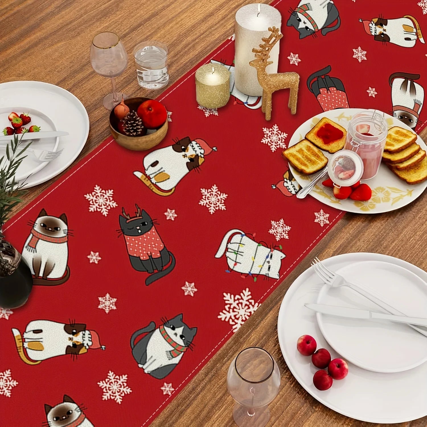 🎄 Caminho de Mesa "Meowy Christmas" Luxo: Gato Fofo, Fundo Vermelho e Flocos de Neve!