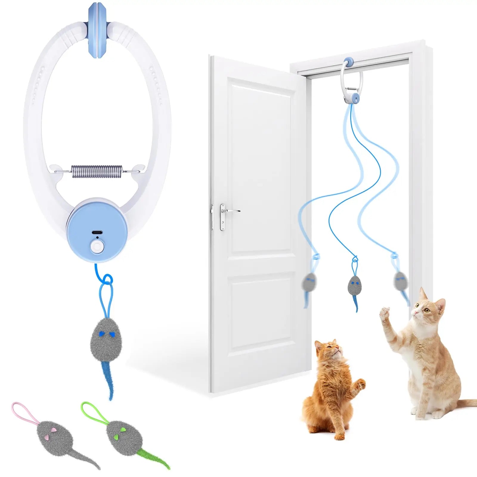 🐭 Brinquedo Retrátil para Porta: 3 Ratos com Catnip – Rebote Automático para Gatos de Interior (Cor Branca)!