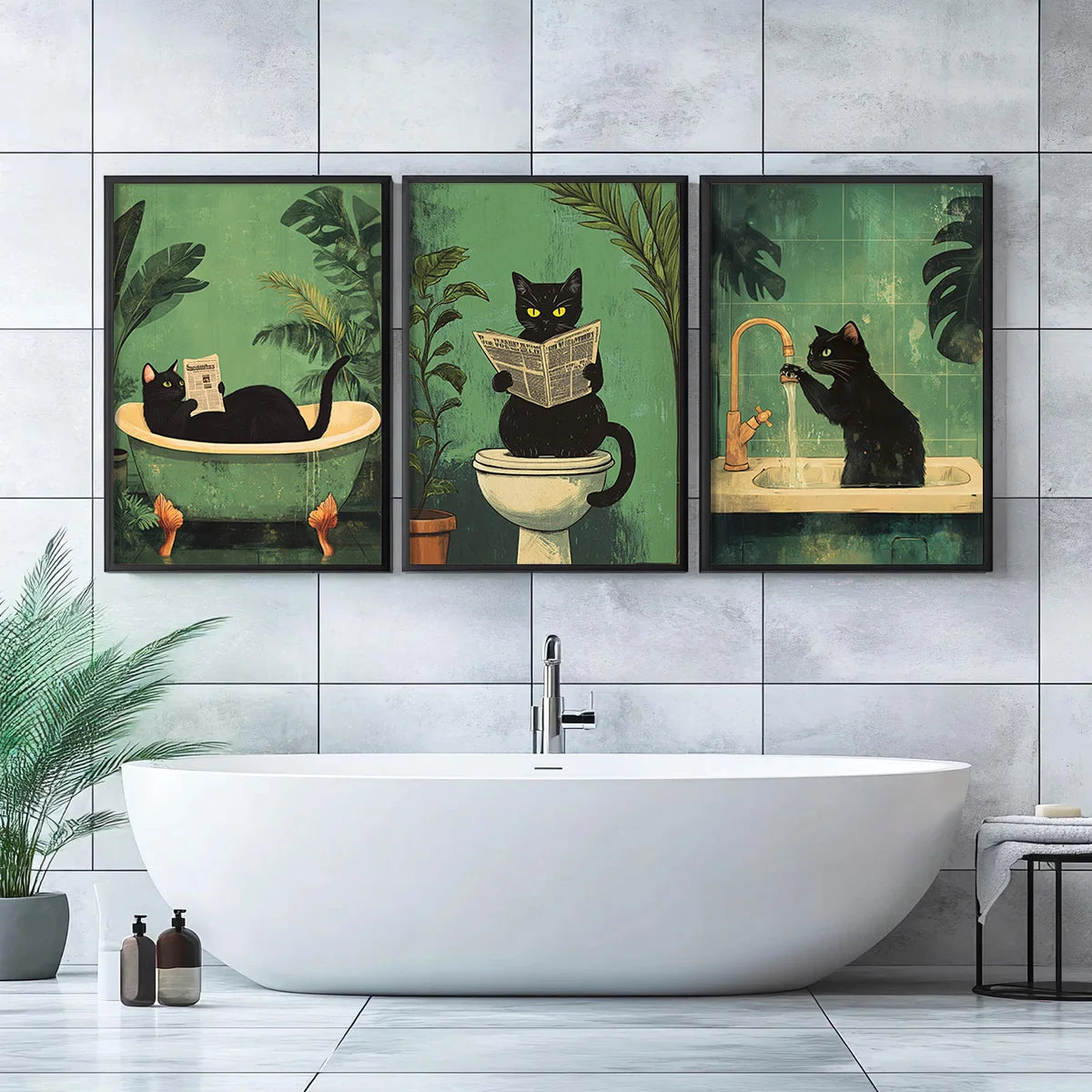 🖼️ Kit 3 Quadros Gato Preto Engraçado: Arte em Canvas para Banheiro e Decoração Retrô Moderna!