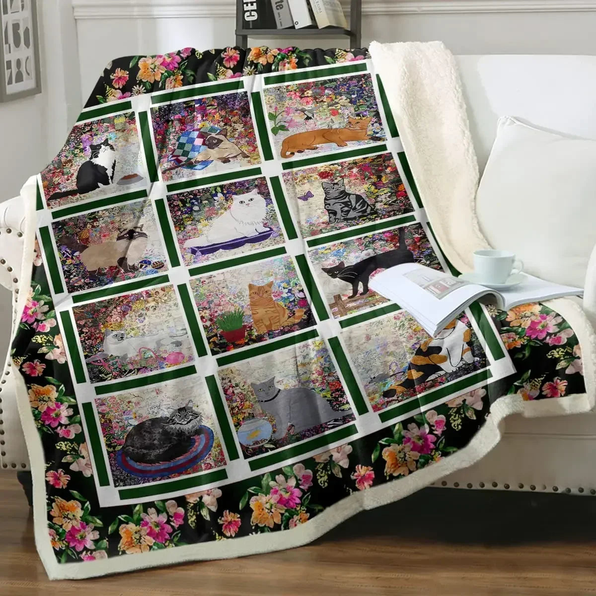 ☁️ Manta de Gatos P&B Luxo: Pelúcia Sherpa e Flanela – Conforto Super Macio para Sofá e Cama!