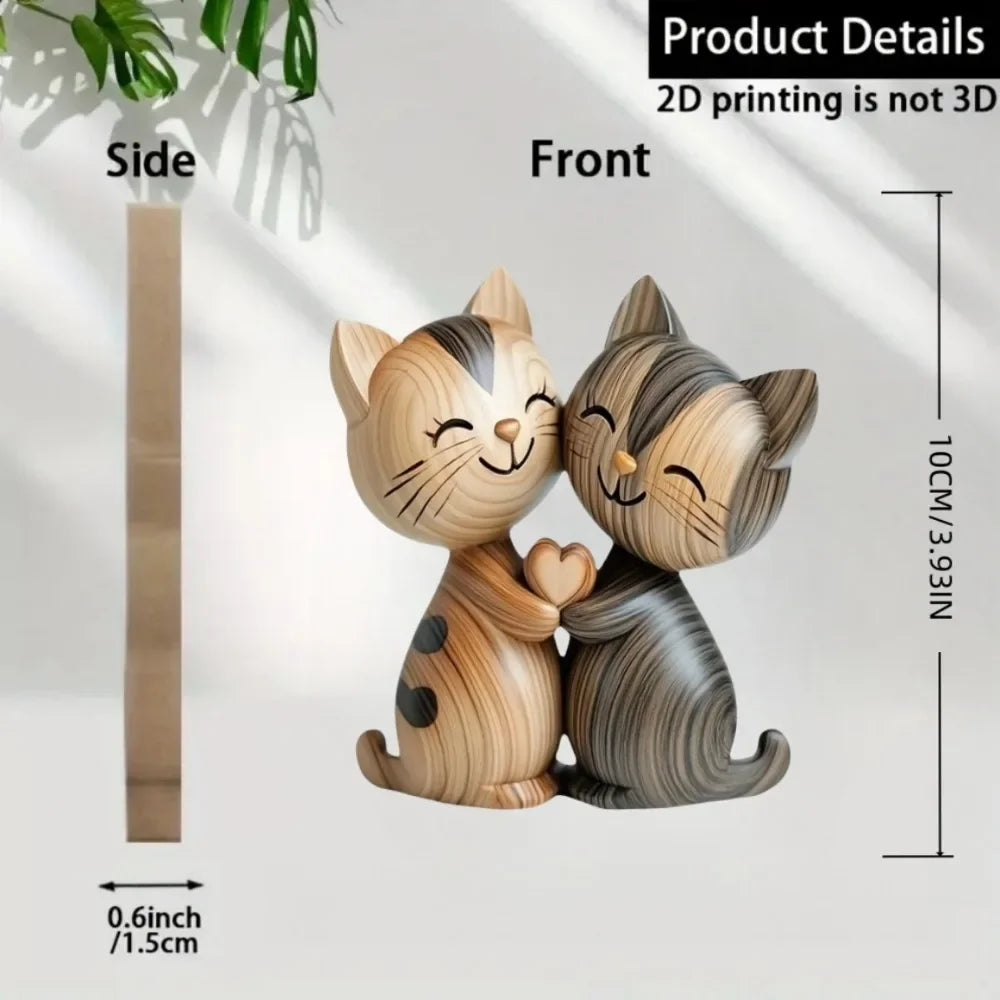 💖 Escultura Gatinhos Casal 2D: Madeira Rústica P&B – Presente Encantador para Cat Lovers!