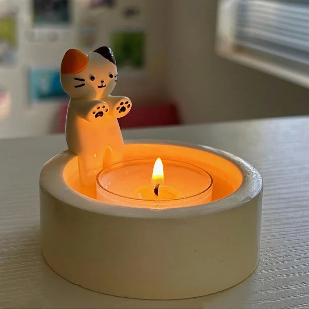 🕯️ Porta-Velas Gato Cartoon: Castiçal Fofo para Tea Lights – Charme na Mesa do Escritório e Casa!