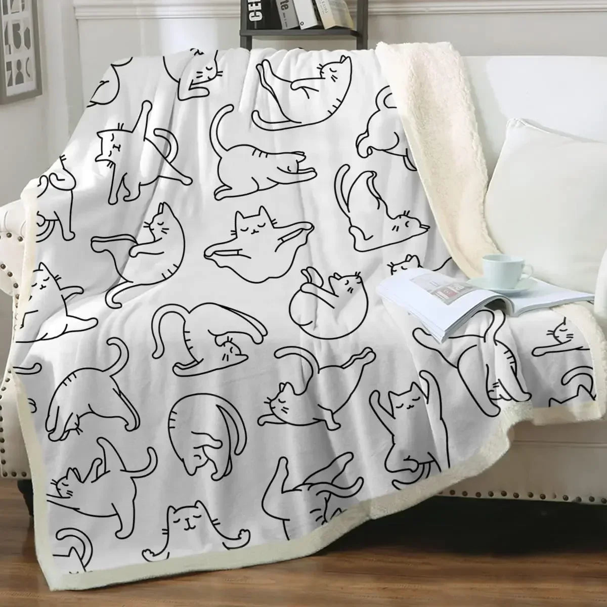 ☁️ Manta de Gatos P&B Luxo: Pelúcia Sherpa e Flanela – Conforto Super Macio para Sofá e Cama!