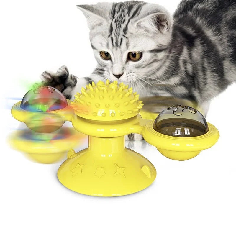 🌪️ Brinquedo Moinho de Vento Gato 3 em 1: Quebra-Cabeça Interativo, Escova de Dentes e Turntable!