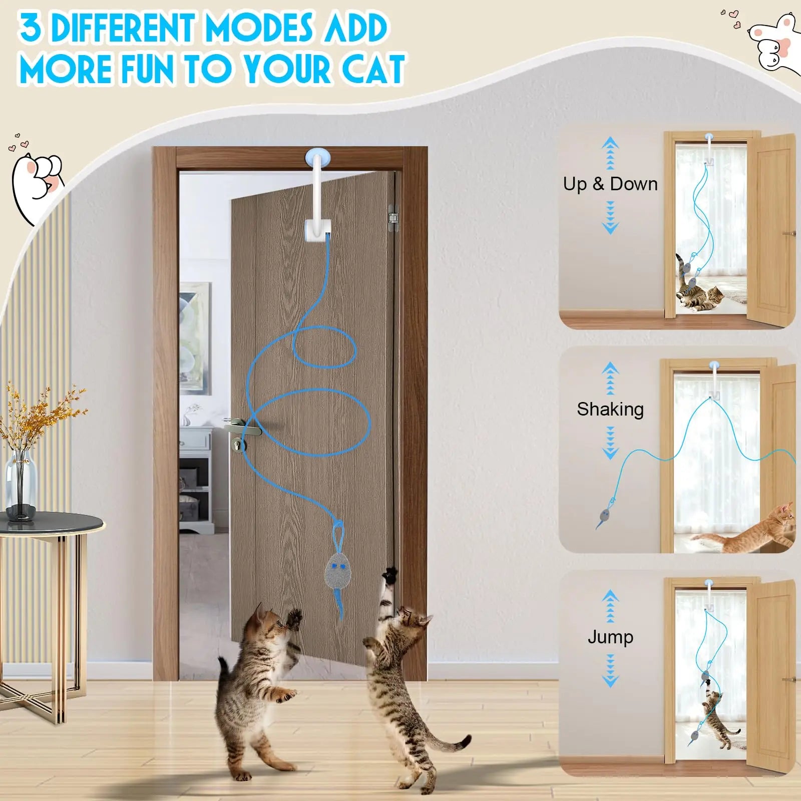 🐭 Brinquedo Retrátil para Porta: 3 Ratos com Catnip – Rebote Automático para Gatos de Interior (Cor Branca)!