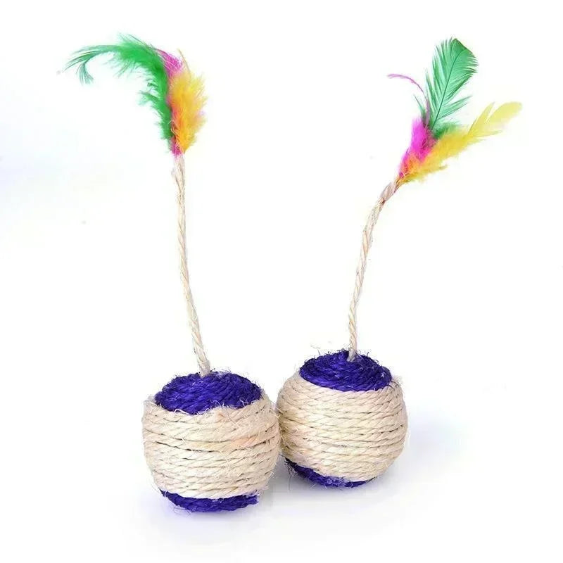 🧶 Brinquedo Gato Bola de Sisal 2 em 1: Arranhador + Pena Interativa para Filhotes!