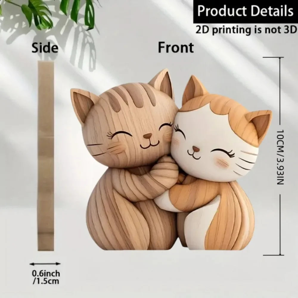 💖 Escultura Gatinhos Casal 2D: Madeira Rústica P&B – Presente Encantador para Cat Lovers!