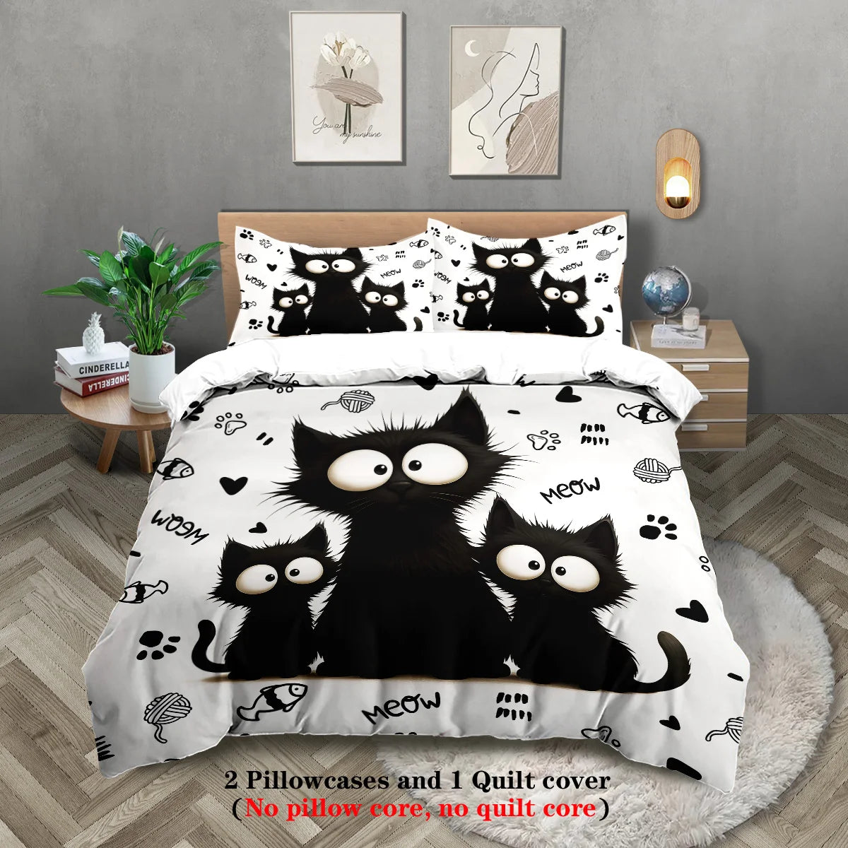 🐾 Jogo de Cama Gato Preto 3 Peças: Capa de Edredom + 2 Fronhas – Maciez e Estilo Felino!