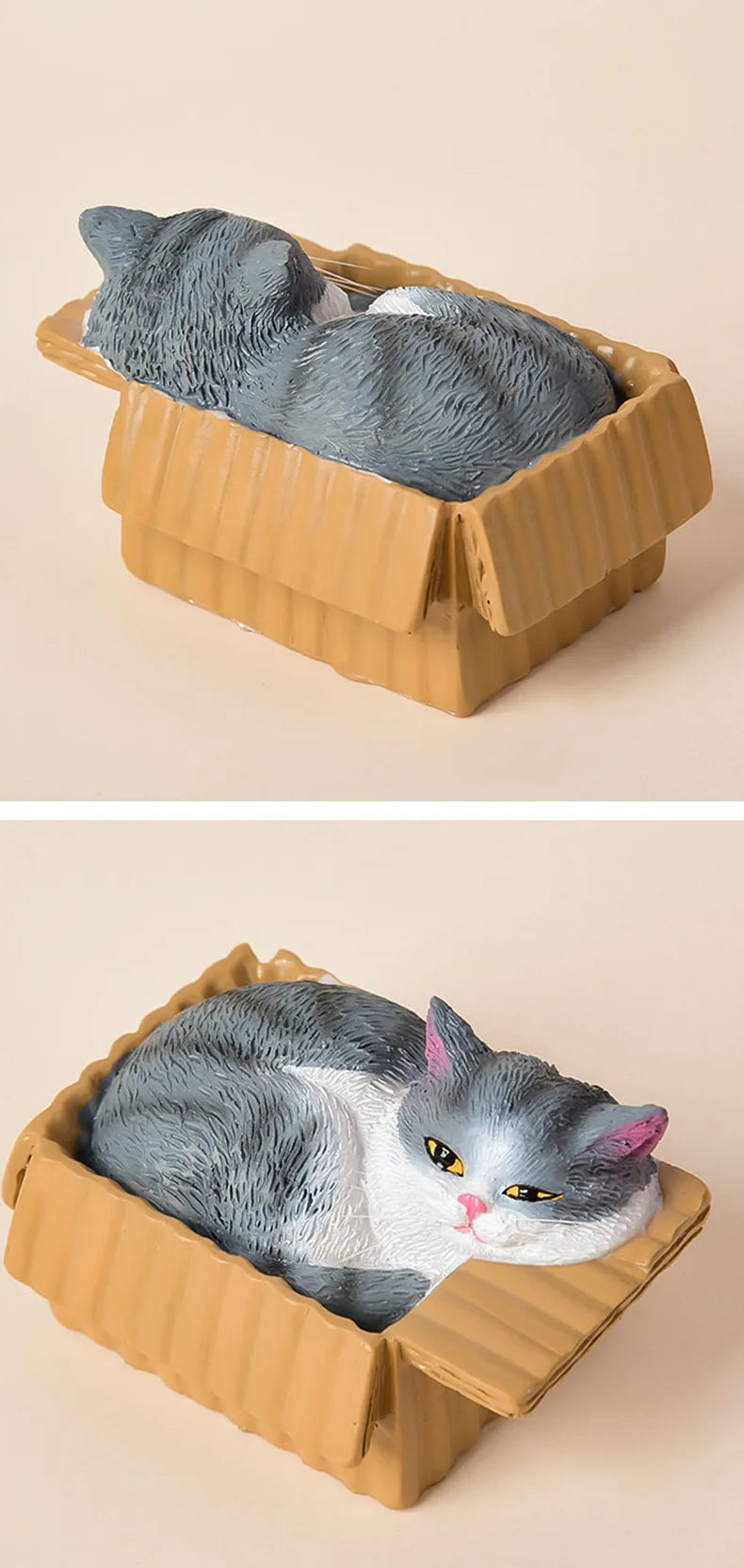 📦 Miniatura Decorativa Realista: Gatinho Aconchegante na Caixa – Toque de Carinho em Resina!