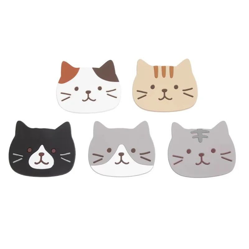 ☕ Conjunto 5 Peças: Porta-Copos de Silicone Tema Gato – À Prova d'Água e de Calor!