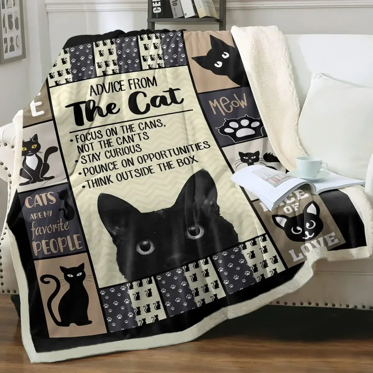 ☁️ Manta de Gatos P&B Luxo: Pelúcia Sherpa e Flanela – Conforto Super Macio para Sofá e Cama!