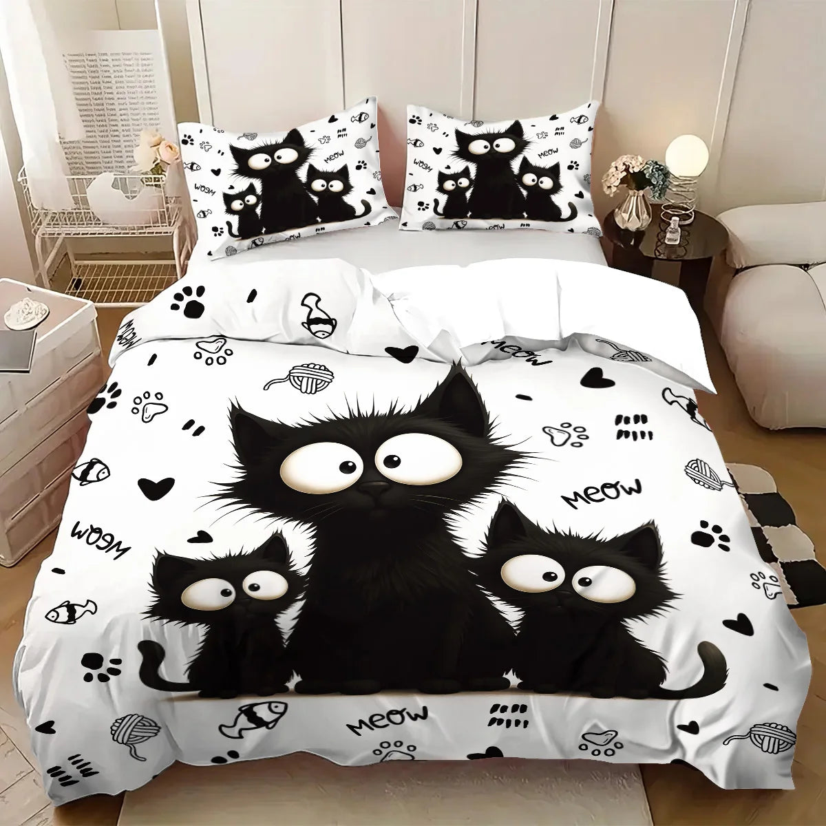 🐾 Jogo de Cama Gato Preto 3 Peças: Capa de Edredom + 2 Fronhas – Maciez e Estilo Felino!