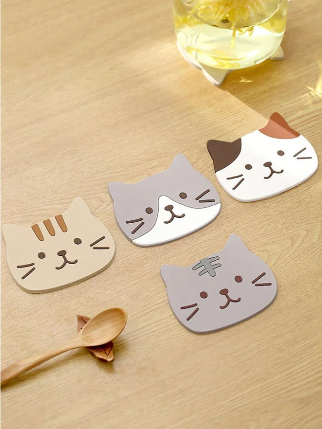 ☕ Conjunto 5 Peças: Porta-Copos de Silicone Tema Gato – À Prova d'Água e de Calor!