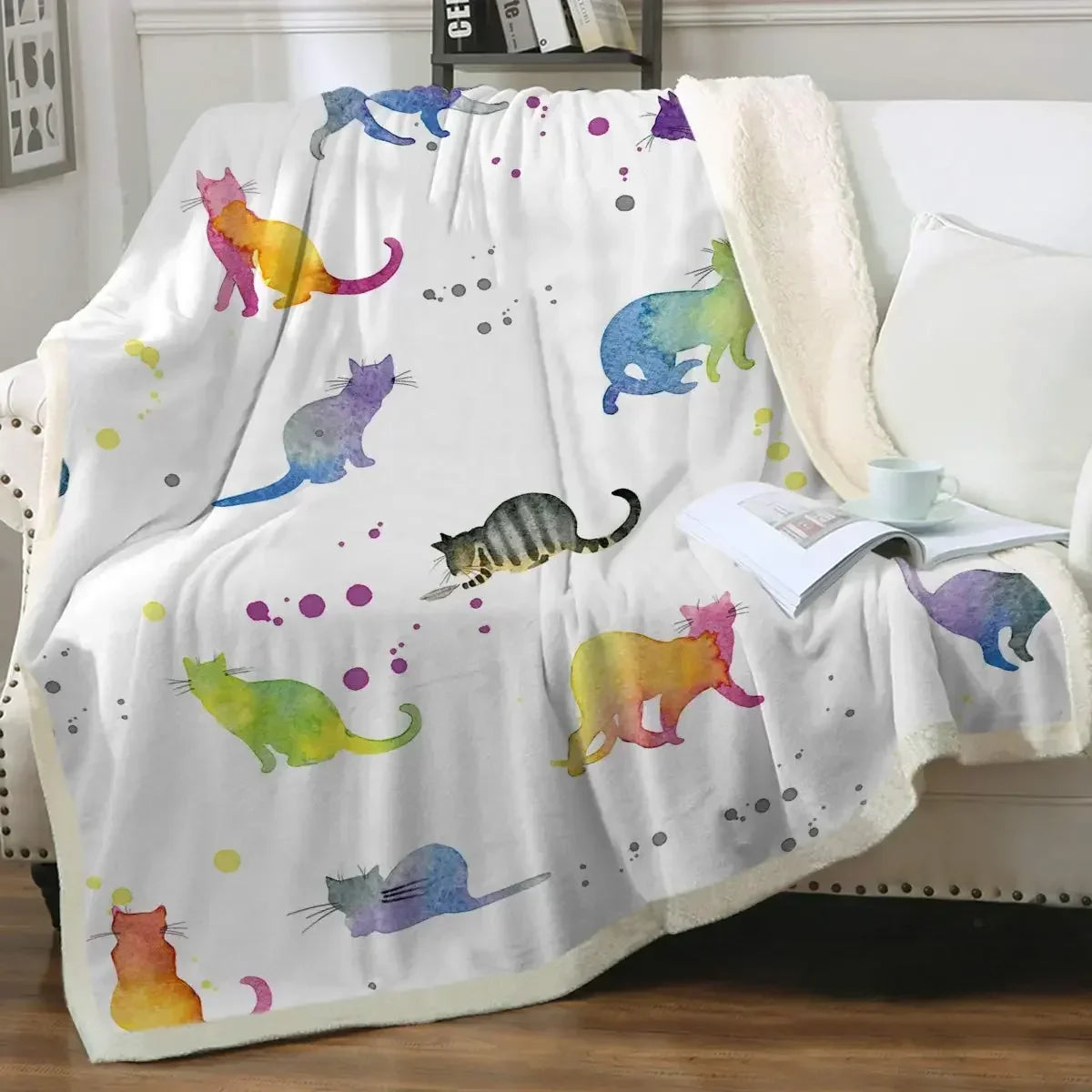 ☁️ Manta de Gatos P&B Luxo: Pelúcia Sherpa e Flanela – Conforto Super Macio para Sofá e Cama!