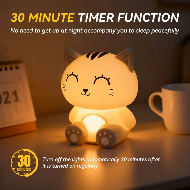 💡 Luminária Noturna Gato Cinza Smart: Recarregável, Dimmer por Toque e Função Timer!