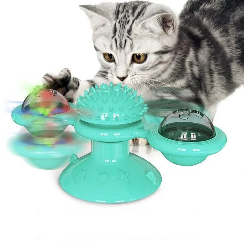 🌪️ Brinquedo Moinho de Vento Gato 3 em 1: Quebra-Cabeça Interativo, Escova de Dentes e Turntable!