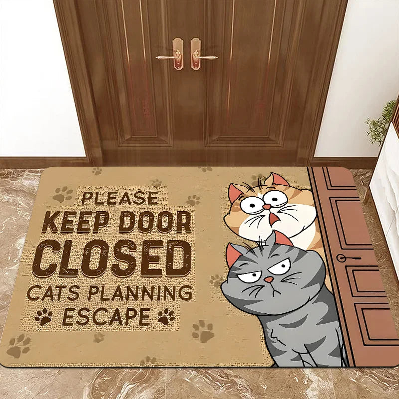 🚪 Capacho Gato em Fuga: "Mantenha a Porta Fechada, Gato Planejando a Fuga" – Antiderrapante e Divertido!