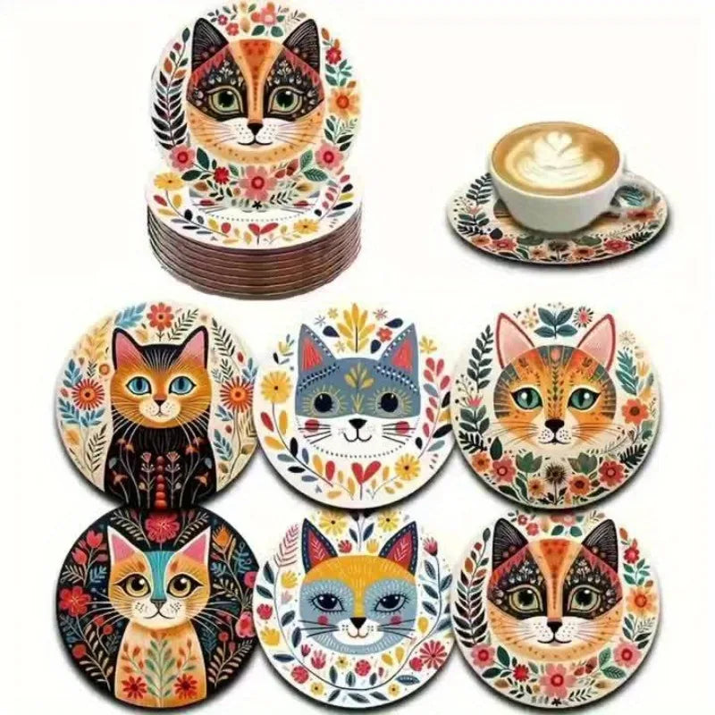 🌸 Conjunto 6 Peças: Porta-Copos de Madeira Tema Gato – Florais Vibrantes e Proteção Térmica!