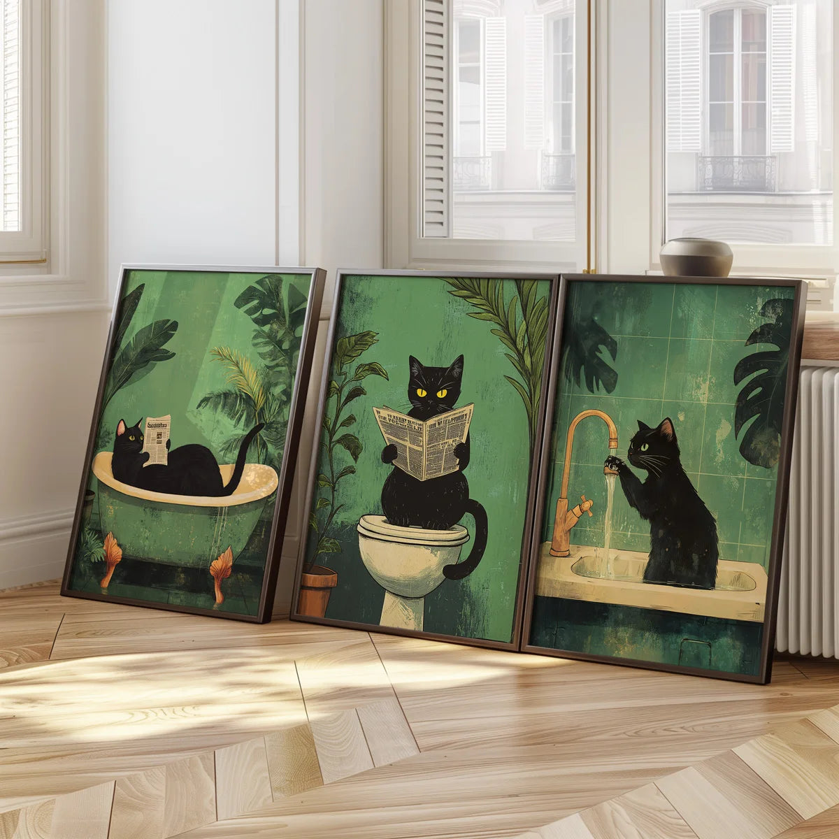 🖼️ Kit 3 Quadros Gato Preto Engraçado: Arte em Canvas para Banheiro e Decoração Retrô Moderna!