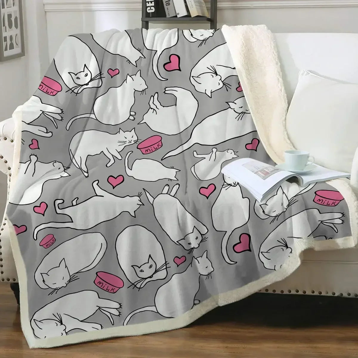 ☁️ Manta de Gatos P&B Luxo: Pelúcia Sherpa e Flanela – Conforto Super Macio para Sofá e Cama!
