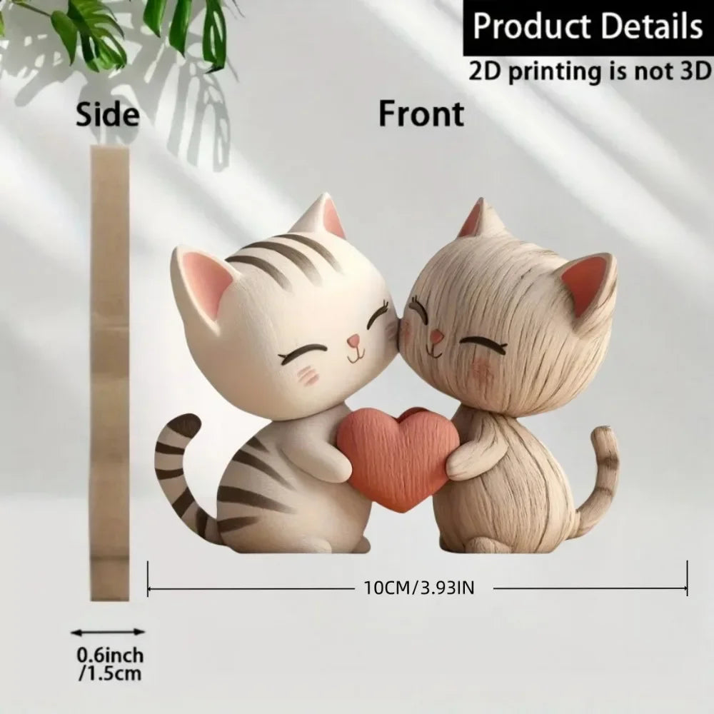 💖 Escultura Gatinhos Casal 2D: Madeira Rústica P&B – Presente Encantador para Cat Lovers!
