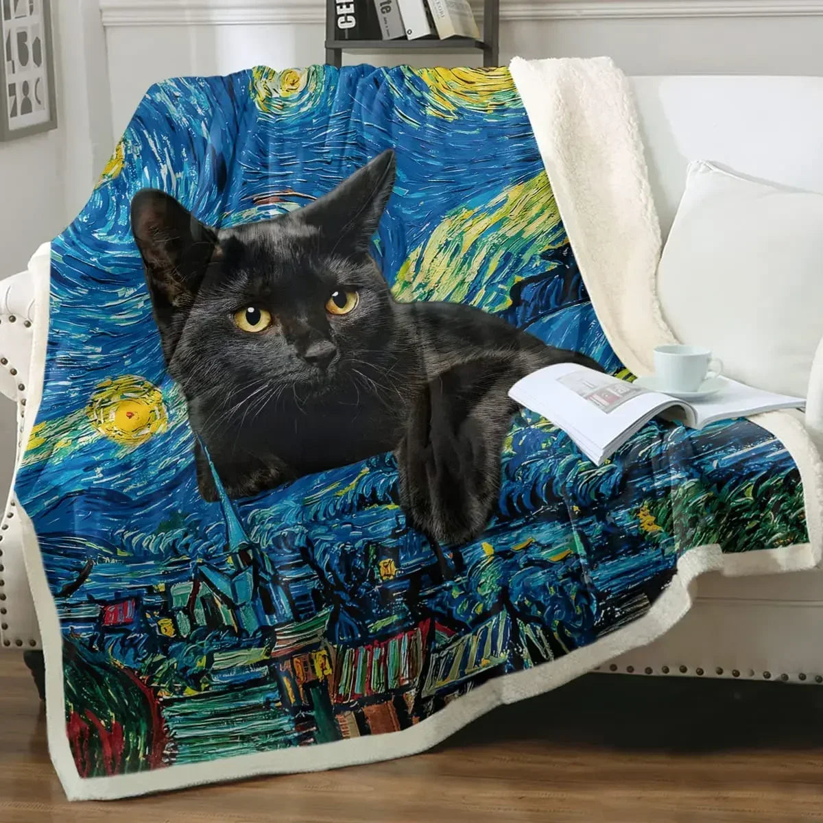 ☁️ Manta de Gatos P&B Luxo: Pelúcia Sherpa e Flanela – Conforto Super Macio para Sofá e Cama!