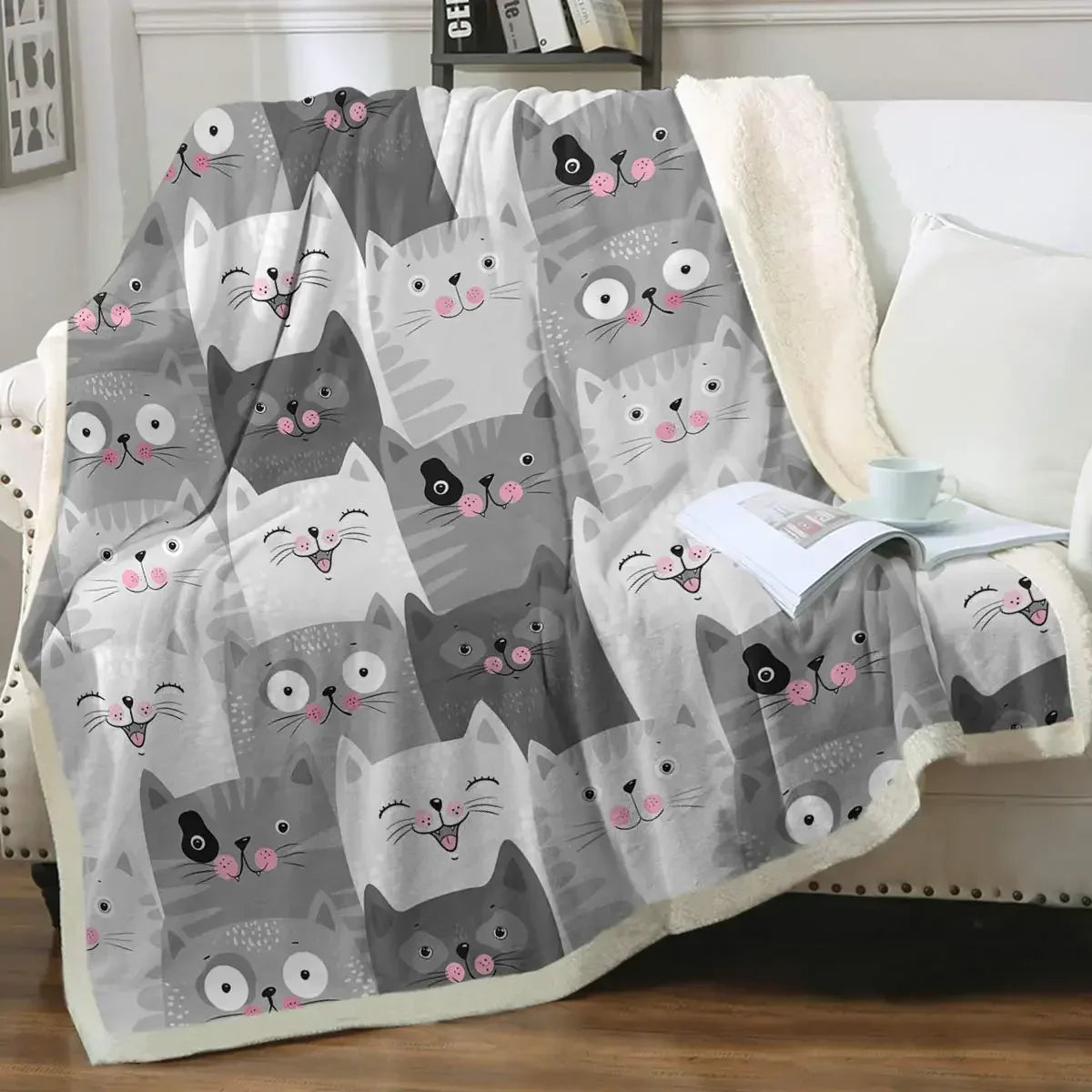 ☁️ Manta de Gatos P&B Luxo: Pelúcia Sherpa e Flanela – Conforto Super Macio para Sofá e Cama!