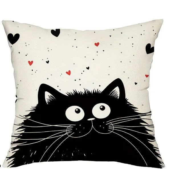 🖤 Almofada Gato P&B 45x45cm: Capa em Poliéster Desenho Animado – Decoração Moderna para Cat Lovers!