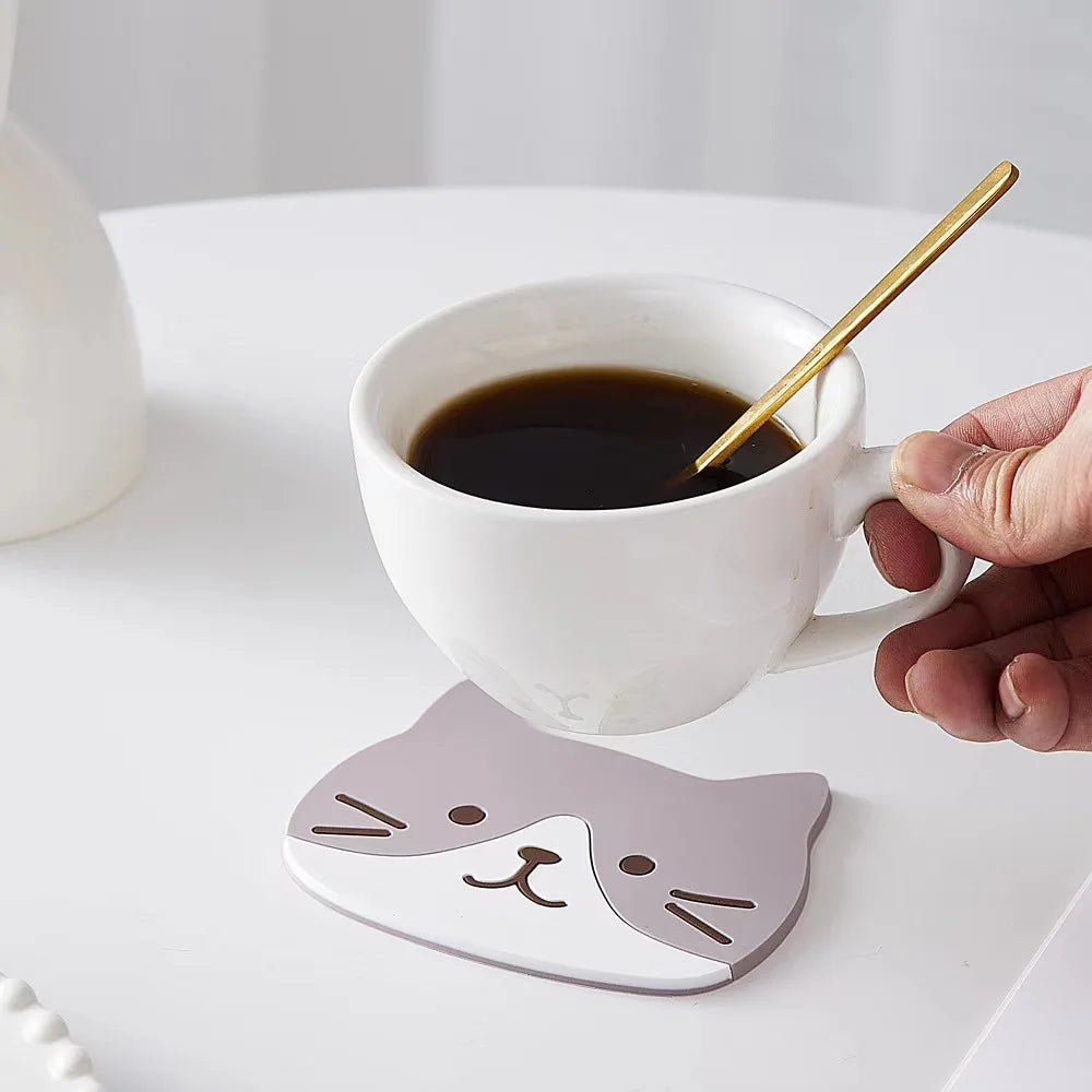 ☕ Conjunto 5 Peças: Porta-Copos de Silicone Tema Gato – À Prova d'Água e de Calor!