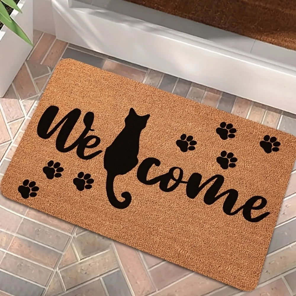 👋 Tapetes "WELCOME" com Tema de Gato: Antiderrapante e Versátil para Qualquer Porta!