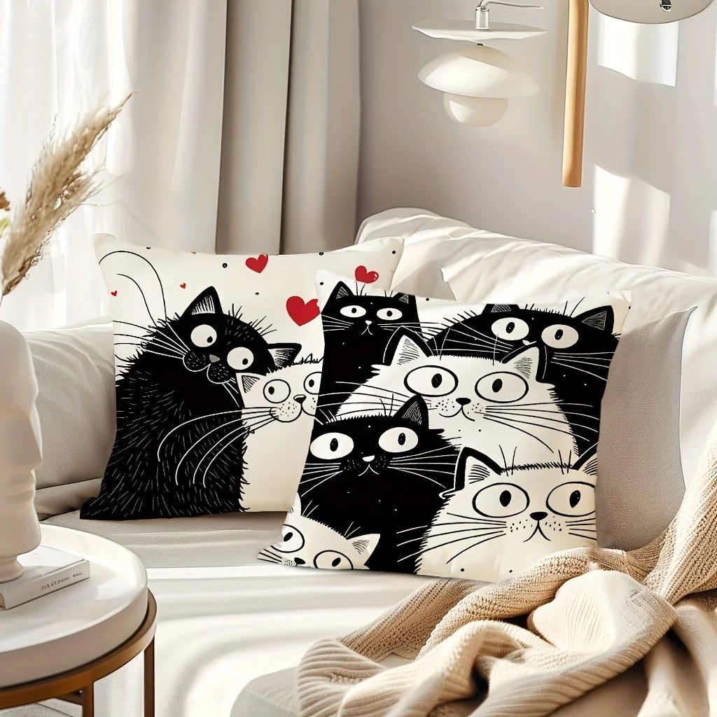 🖤 Almofada Gato P&B 45x45cm: Capa em Poliéster Desenho Animado – Decoração Moderna para Cat Lovers!