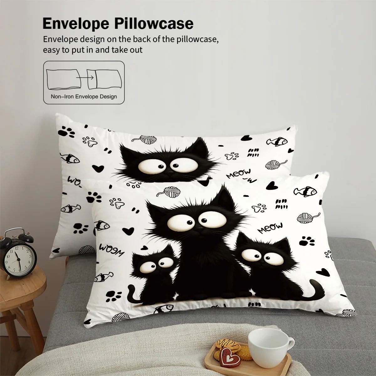 🐾 Jogo de Cama Gato Preto 3 Peças: Capa de Edredom + 2 Fronhas – Maciez e Estilo Felino!