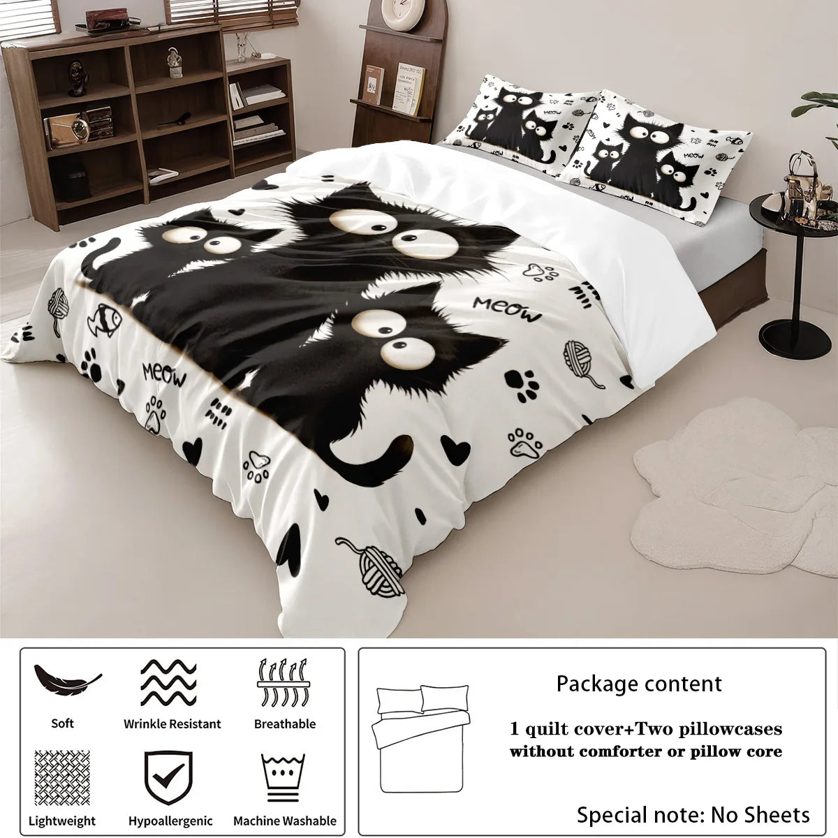🐾 Jogo de Cama Gato Preto 3 Peças: Capa de Edredom + 2 Fronhas – Maciez e Estilo Felino!