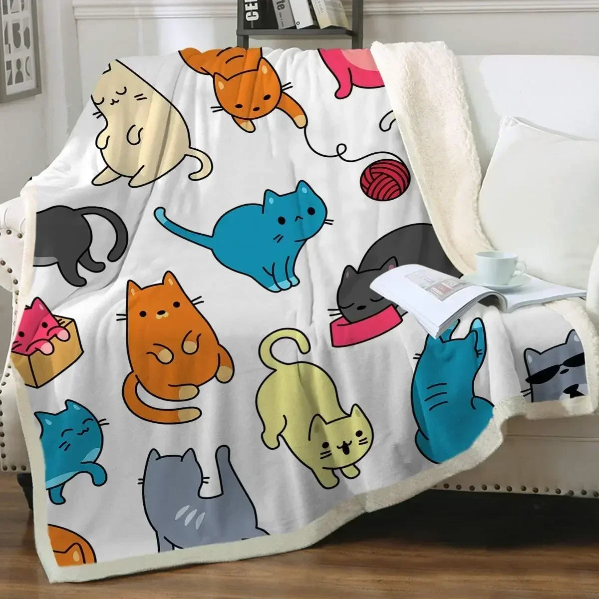 ☁️ Manta de Gatos P&B Luxo: Pelúcia Sherpa e Flanela – Conforto Super Macio para Sofá e Cama!