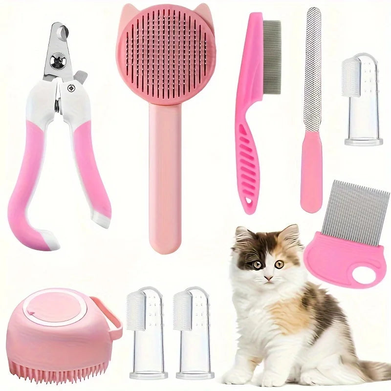 🛁 Kit de Beleza Felina Profissional 8 Peças: Escovas, Alicate de Unhas e Pente Antipulgas!