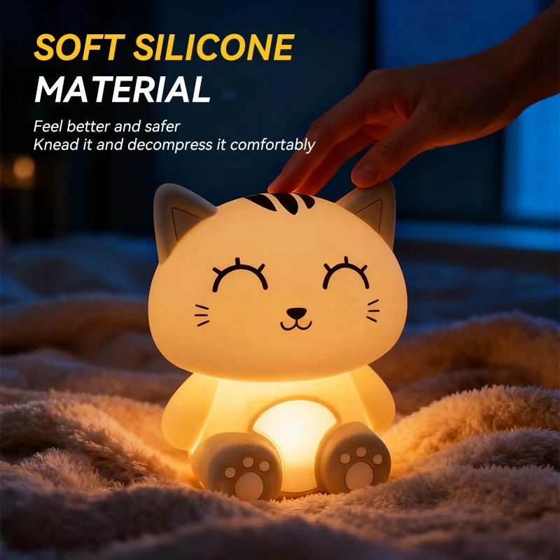 💡 Luminária Noturna Gato Cinza Smart: Recarregável, Dimmer por Toque e Função Timer!