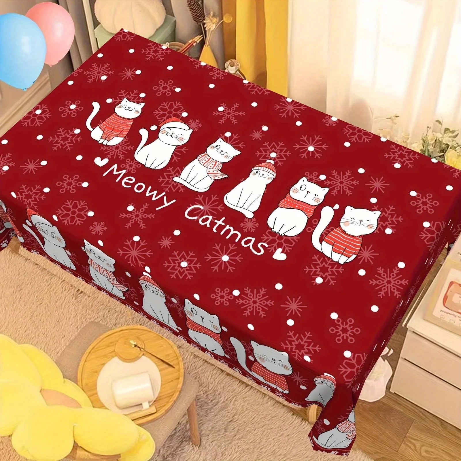 🎅 Toalha de Mesa Retangular Gato Noel: Impermeável, Flocos de Neve – Decoração de Natal Mágica!