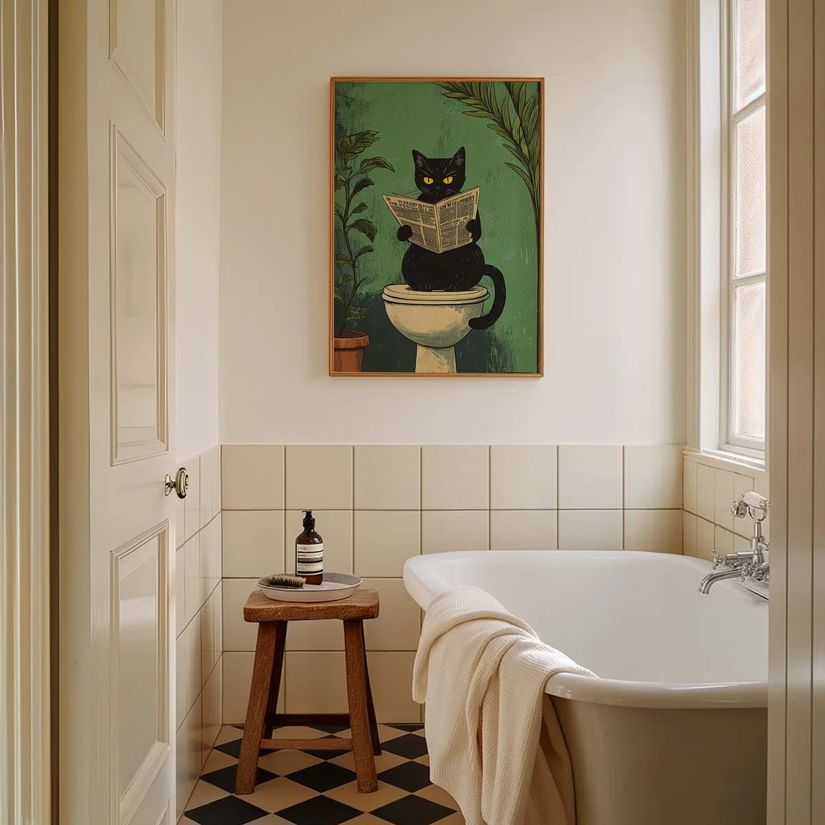 🖼️ Kit 3 Quadros Gato Preto Engraçado: Arte em Canvas para Banheiro e Decoração Retrô Moderna!