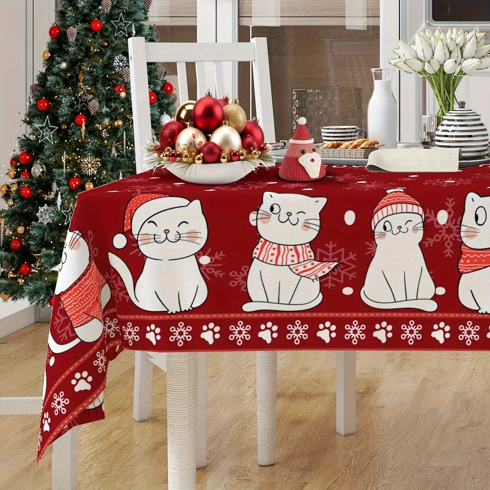🎅 Toalha de Mesa Retangular Gato Noel: Impermeável, Flocos de Neve – Decoração de Natal Mágica!