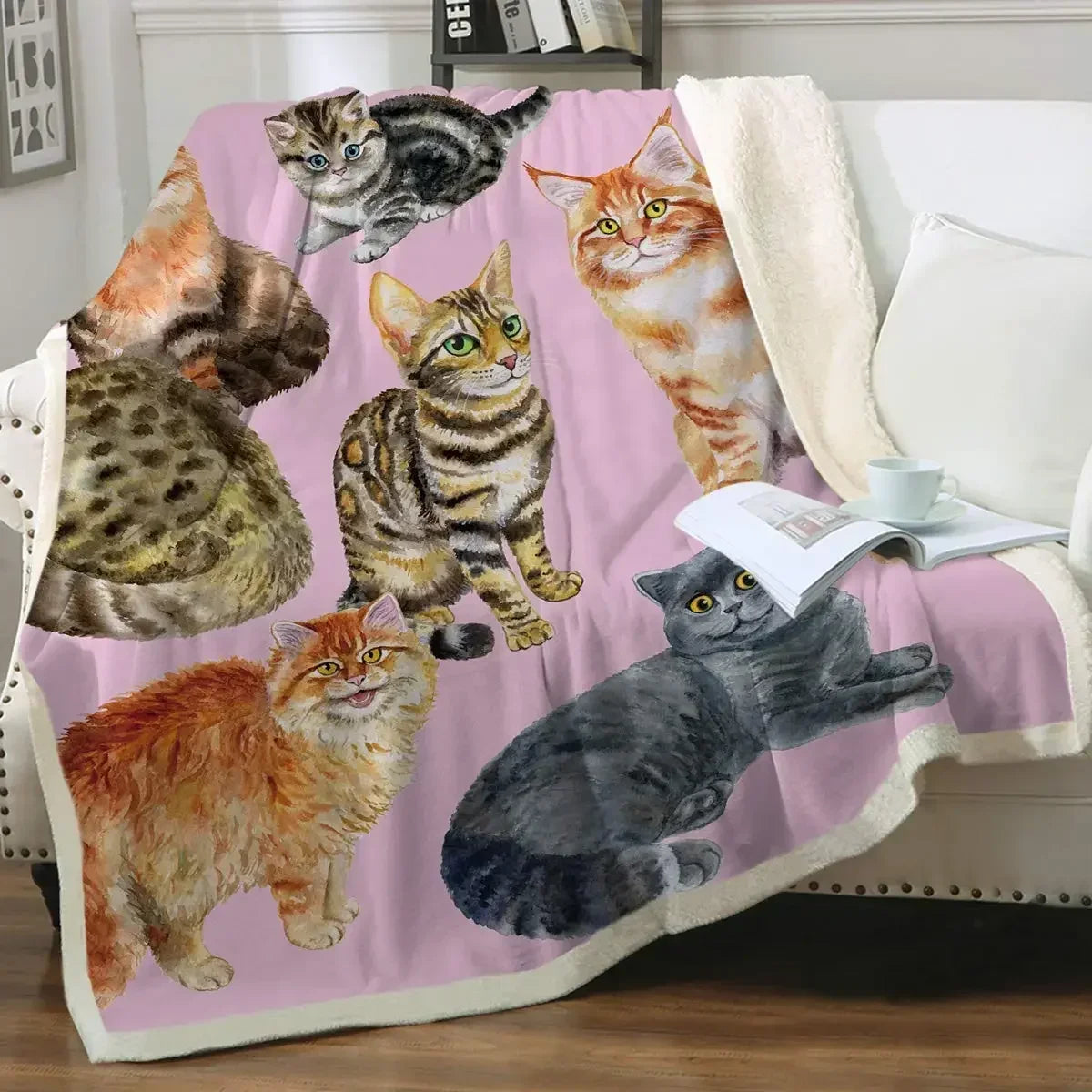 ☁️ Manta de Gatos P&B Luxo: Pelúcia Sherpa e Flanela – Conforto Super Macio para Sofá e Cama!