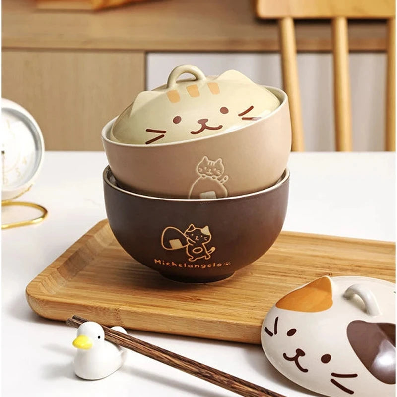 🍜 Tigela de Cerâmica Gato Cartoon 550ml: Com Tampa, Ideal para Noodle e Almoço no Escritório!