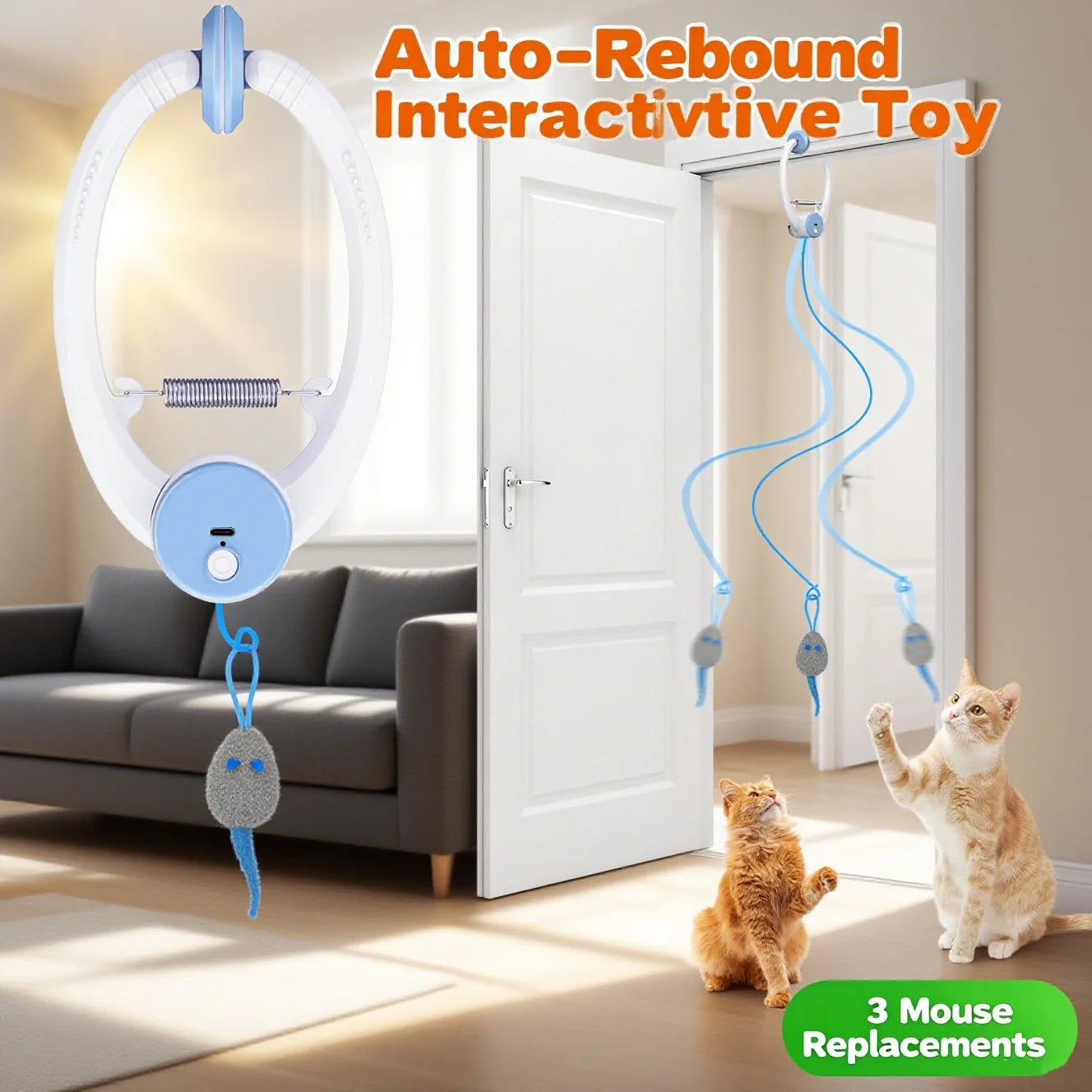 🐭 Brinquedo Retrátil para Porta: 3 Ratos com Catnip – Rebote Automático para Gatos de Interior (Cor Branca)!
