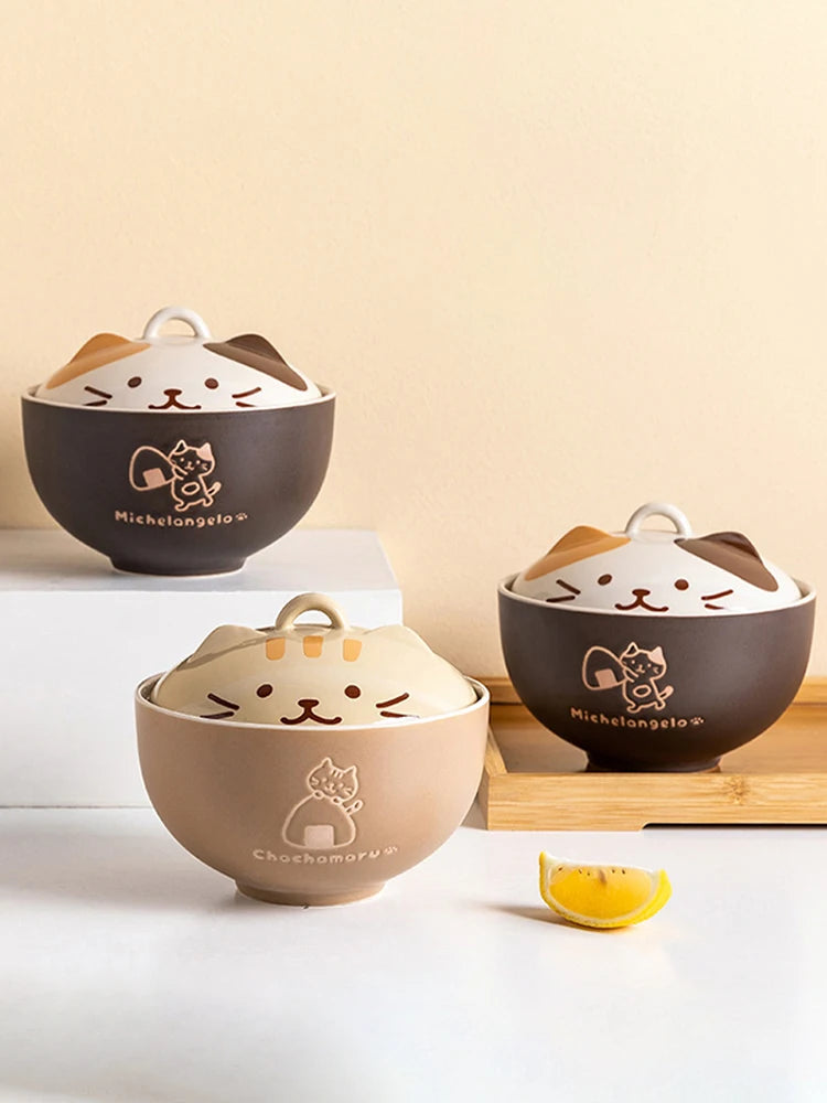 🍜 Tigela de Cerâmica Gato Cartoon 550ml: Com Tampa, Ideal para Noodle e Almoço no Escritório!
