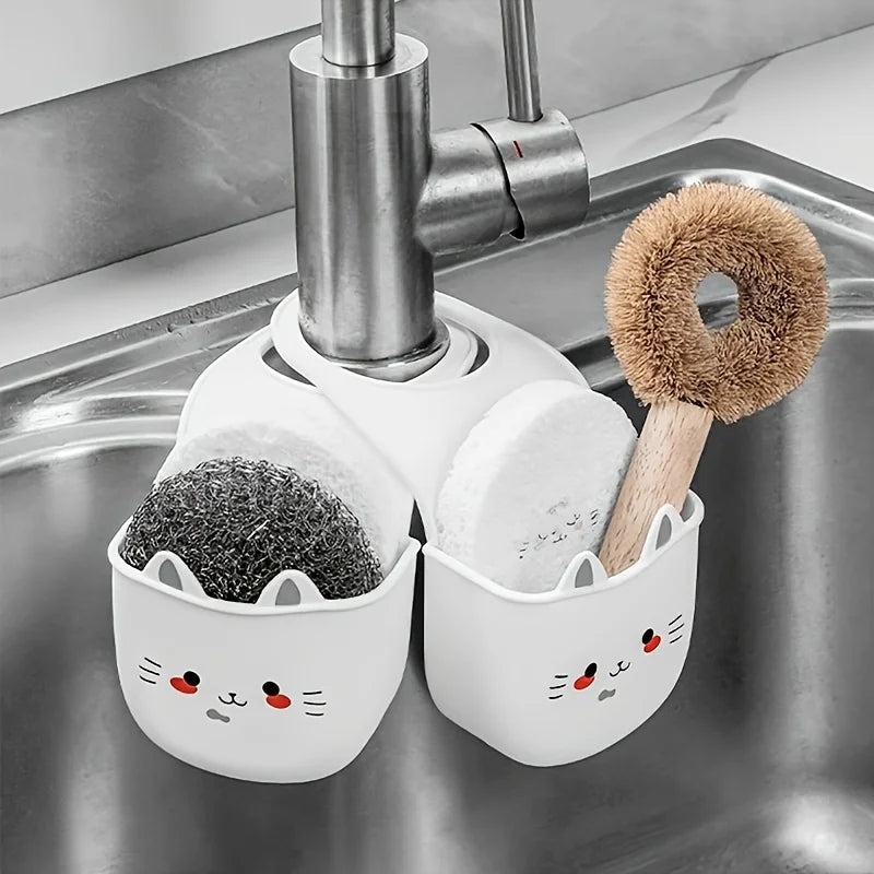 😺 Cesta Organizadora Patinha de Gato: Porta-Esponja em Silicone Branco para Torneira/Pia!