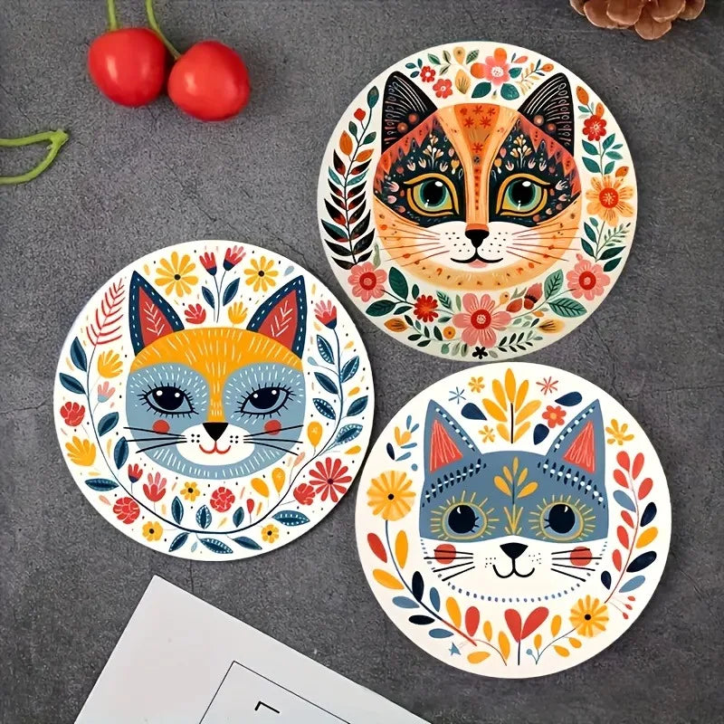 🌸 Conjunto 6 Peças: Porta-Copos de Madeira Tema Gato – Florais Vibrantes e Proteção Térmica!