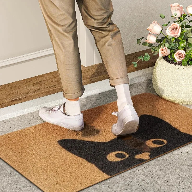 🚪 Tapete Capacho Gato Fofo Boas-Vindas: 100% Poliéster, Antiderrapante e Durável para Interior/Exterior!