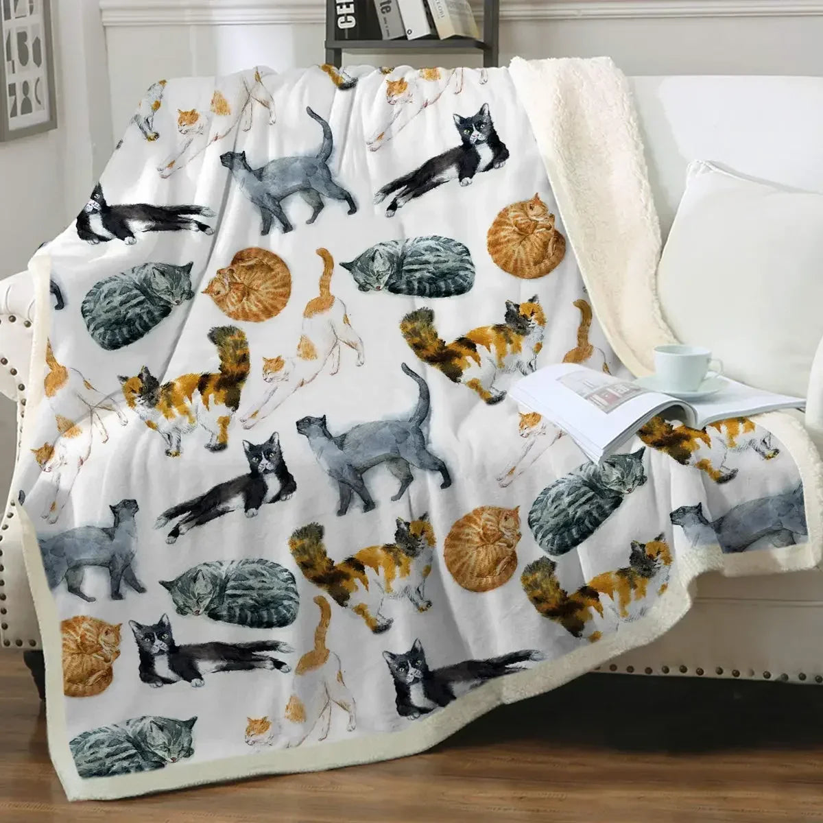 ☁️ Manta de Gatos P&B Luxo: Pelúcia Sherpa e Flanela – Conforto Super Macio para Sofá e Cama!