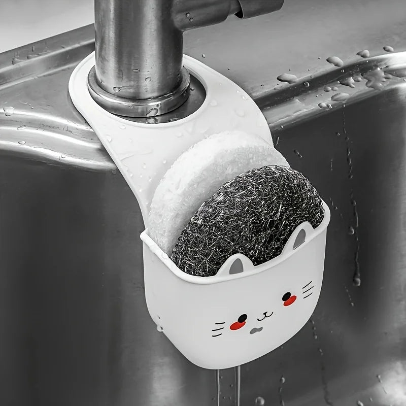 😺 Cesta Organizadora Patinha de Gato: Porta-Esponja em Silicone Branco para Torneira/Pia!